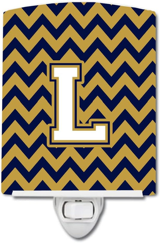 Caroline's Treasures CJ1057-LCNL Letter L Chevron Navy Blue and Gold Ceramic Night Light Compact, UL-Certified, Ideal for Bedroom, Bathroom, Nursery, Hallway, Kitchen, 6x4x3, Multicolor