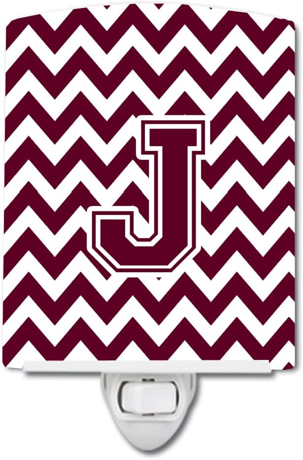 Caroline's Treasures CJ1051-JCNL Letter J Chevron Maroon and White Ceramic Night Light Compact, UL-Certified, Ideal for Bedroom, Bathroom, Nursery, Hallway, Kitchen, 6x4x3, Multicolor