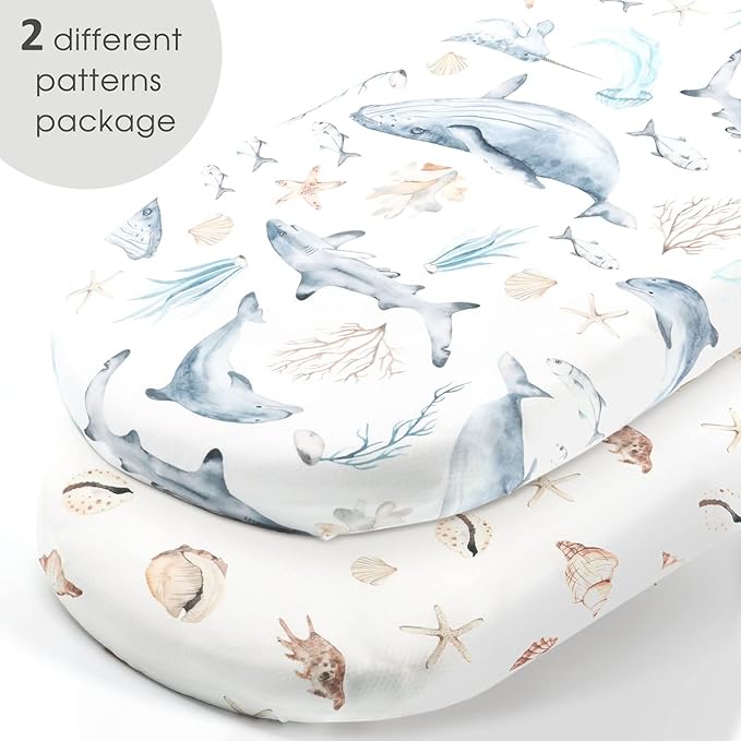GRSSDER Stretchy Ultra Soft Fitted Bassinet Sheets Set 2 Pack, Cradle Sheet Universal Fit for Rectangle, Oval, or Hourglass Bassinet Pad/Mattress Safe and Snug, Stylish Cute Whale Sea Worl for Baby