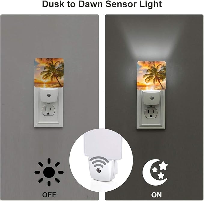 Funny Beach Tropical Palm Tree Ocean Plug in Night Light into Wall LED Nightlight Auto Sensor Dusk to Dawn lamp for Kids Room Bedroom Bathroom Nursery Kitchen Hallway Stairs Home Decorative