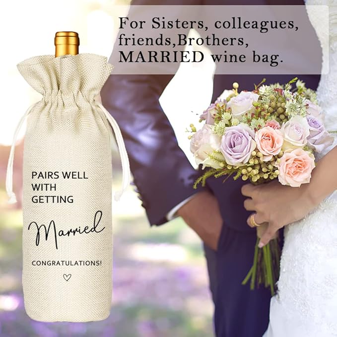 Wedding Wine Bag,Linen Wine Gift Bag,Wedding Couples, Bride and Groom Gift,Wedding Gift,Reusable Wine Bag -Pairs Well With Getting Married(5SW105)