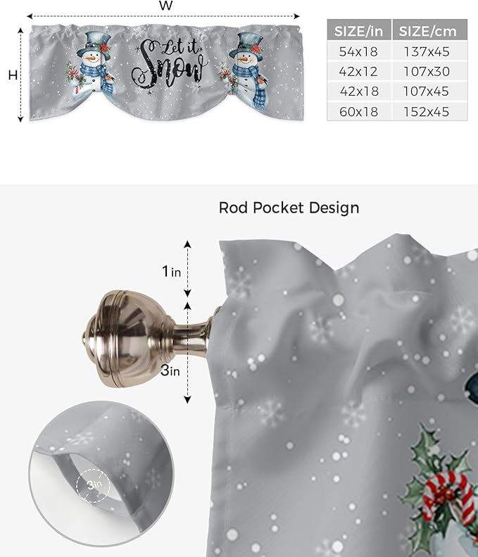 Snowman Christmas Blackout Tie Up Valance Curtains for Kitchen Windows Let It Snow Winter Holiday Window Toppers Balloon Shades for Living Room/Bathroom/Bedroom,1 Panel, 54" X 18", Grey White