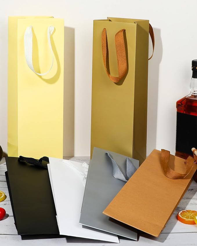 Megitzuu Wine Gift Bags 12 Pack - 6 Colors Reusable Kraft Paper Wine Bags for Wine Bottle Gifts with Handles for Birthday Wedding Christmas Thank You