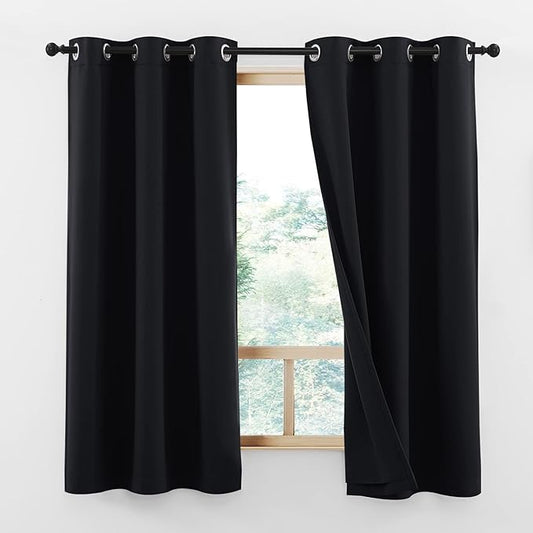 NICETOWN Complete 100% Blackout Curtain Set, Thermal Insulated & Energy Efficiency Window Draperies with Same Color Liner, Noise Reducing Short Curtains for Kids Room (Black, 42"W by 63"L, 2 Panels)