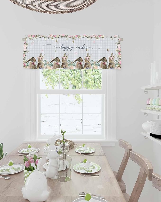 Rabbits Flowers Easter Kitchen Curtains Valances for Windows Eucalyptus Leaf Spring Summer Rod Pocket Window Treatment for Kitchen /Living Room/Bedroom/ Bathroom, 42" X 12", Grey White Buffalo Plaid