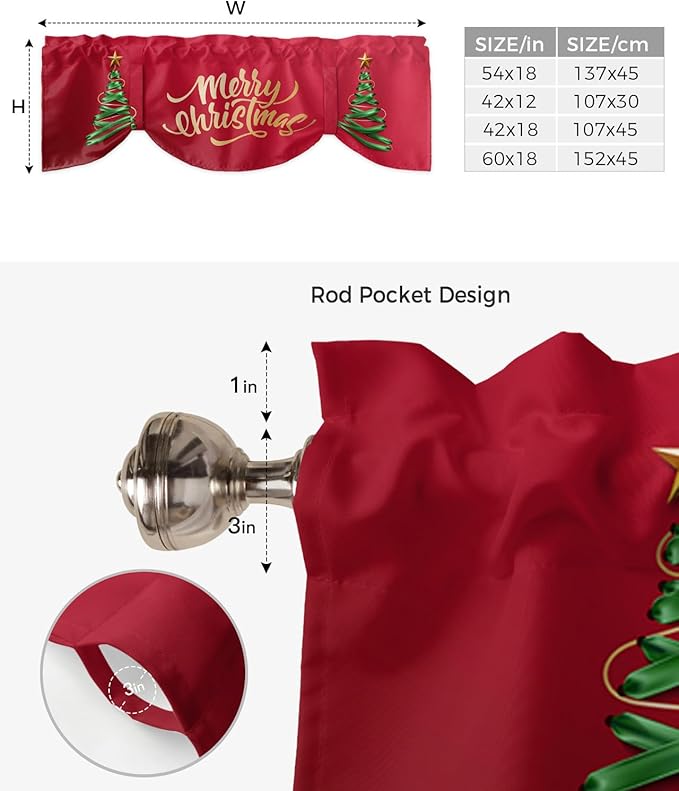 Merry Christmas Blackout Tie Up Valance Curtains for Kitchen Windows Christmas Tree Window Toppers Balloon Shades for Living Room/Bathroom/Bedroom,1 Panel,60" X 18" Winter Holidays