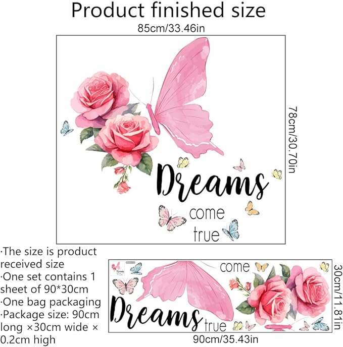 Pink Butterfly and Rose Wall Decal - "Dreams Come True" Design - 85x64cm Decorative Sticker