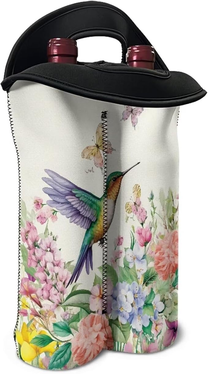 doginthehole Neoprene Wine Tote Hummingbird Wine Carrier Bag with Divider for Travel, Portable Wine Gift Bag Insulated Sleeve Champagne Carrier Bag