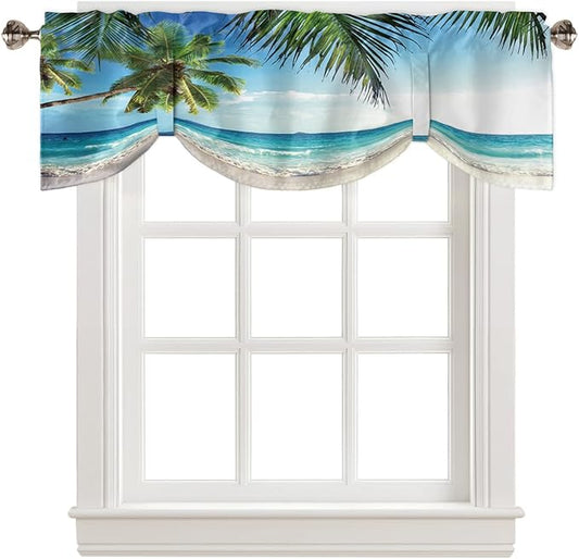 Palms Tree Ocean Blackout Tie Up Valance Curtains for Kitchen Windows Tropical Sea Window Toppers Balloon Shades for Living Room/Bathroom/Bedroom,1 Panel,54" X 18" Beach Theme