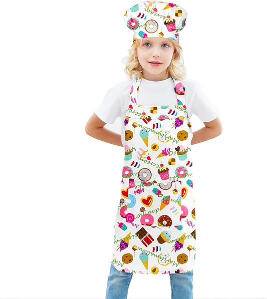 Kids Apron Chef Hat Set for Boys and Girls Adjustable Neck Strap Hook and Loop Fastener Design Waistband for Baking
