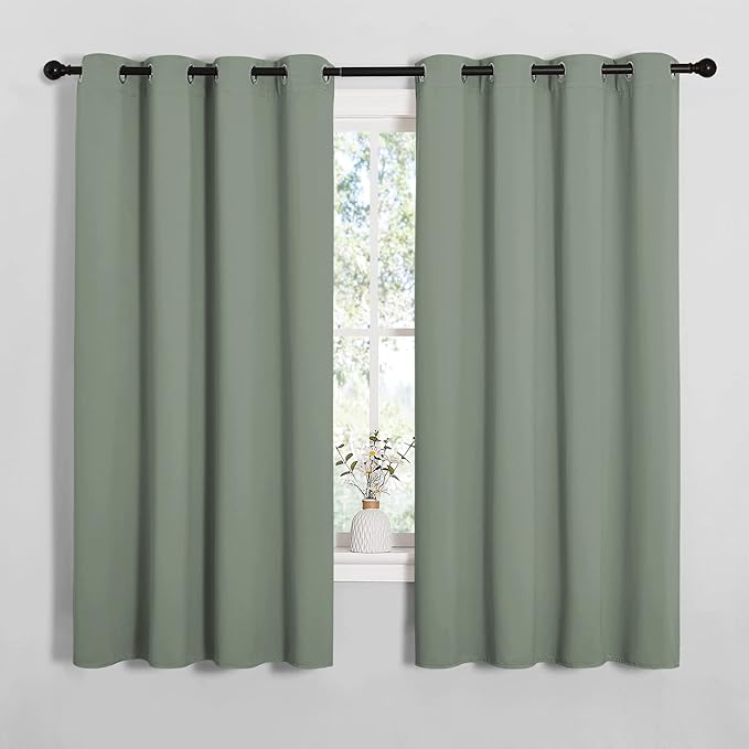 NICETOWN Bedroom Curtain Panels Blackout Draperies, Thermal Insulated Solid Grommet Blackout Curtains/Drapes (Greyish Green, 1 Pair, 55 by 68-inch)