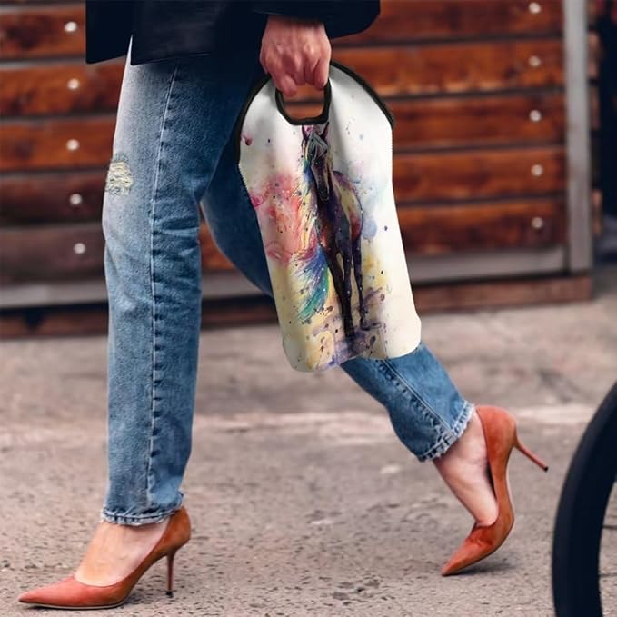 doginthehole Horse Wine Bottle Travel Bag 2-Bottle Wine Carrying Tote Picnic Cooler Bag Watercolour Animal Print Champagne Carrier Bag Portable Neoprene Wine Tote Holders Insulated Sleeve