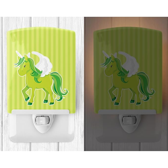 Caroline's Treasures BB9088CNL Unicorn Green Stripes Ceramic Night Light Compact, UL-Certified, Ideal for Bedroom, Bathroom, Nursery, Hallway, Kitchen, 6x4x3, Multicolor