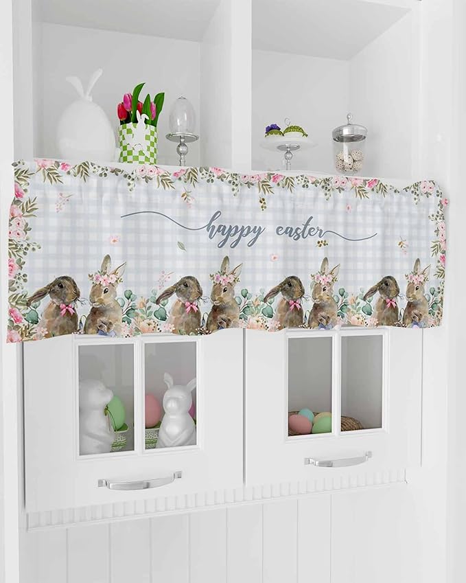 Rabbits Flowers Easter Kitchen Curtains Valances for Windows Eucalyptus Leaf Spring Summer Rod Pocket Window Treatment for Kitchen /Living Room/Bedroom/ Bathroom, 42" X 12", Grey White Buffalo Plaid