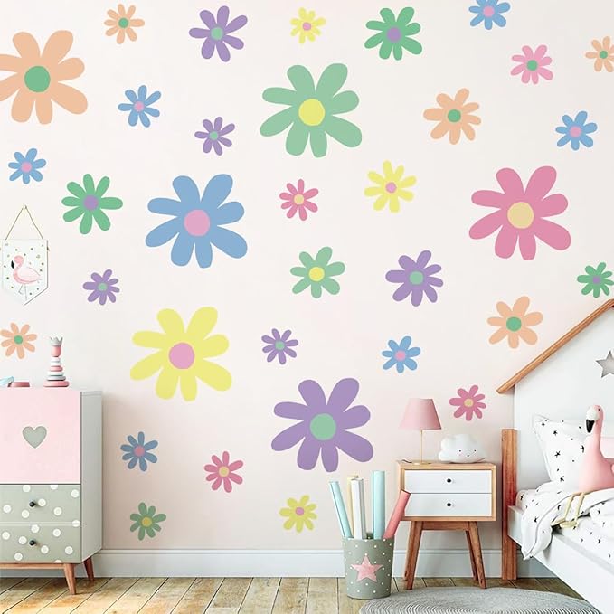 Amaonm 12 Sheets Large Daisy Wall Decals DIY Boho Sunflower Wall Stickers Peel and Stick Colorful ins Daisy Floral Wall Decor for Nursery Little Girls Teens Bedroom Living Room (12 Sheets of 34pcs)