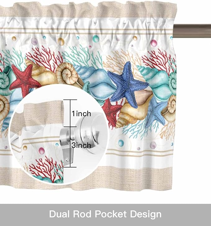 Coastal Beach Kitchen Curtains Valances for Windows Nautical Ocean Seashell Coral Starfish Rod Pocket Window Treatment for Kitchen /Living Room/Bedroom/ Bathroom, 42" X 12", Brown Aqua Summer