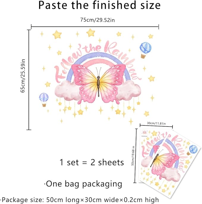 Gorgeous Pink Butterflies Wall Stickers, Art Butterfly Wall DecalsHot Air Balloon Stars Removable Vinyl Peel and Stick for Living Room Bedroom Children's Room Nursery Playroom Decorations