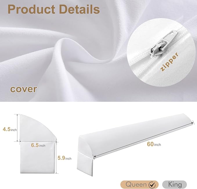 Vekkia Queen Bed Wedge Pillow for Headboard/Wedge Pillow Headboard/Bed Gap Filler/Headboard Pillow,Pillow Wedge for Headboard Gap,Stop Loosing Your Pillows,Phone&Glasses(White 60"x6.5"x4.5")