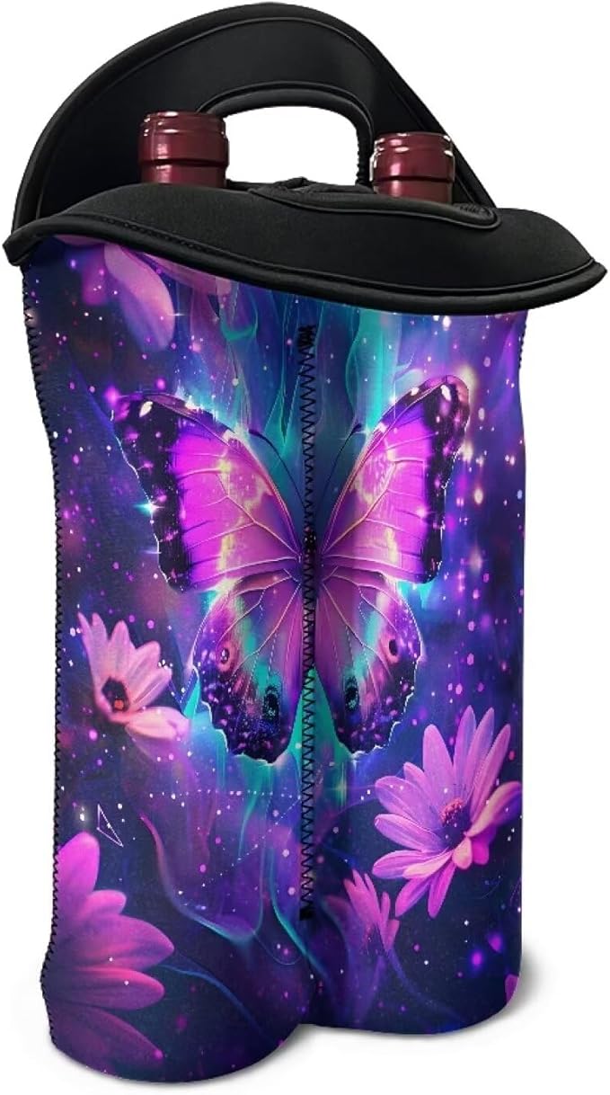 doginthehole Wine Bottle Travel Bag 2 Bottle Purple Butterfly Daisy Print Wine Carrying Tote for Women Wine Lover Champagne Carrier Bag Portable Neoprene Wine Tote for Travel, Picnic, Party