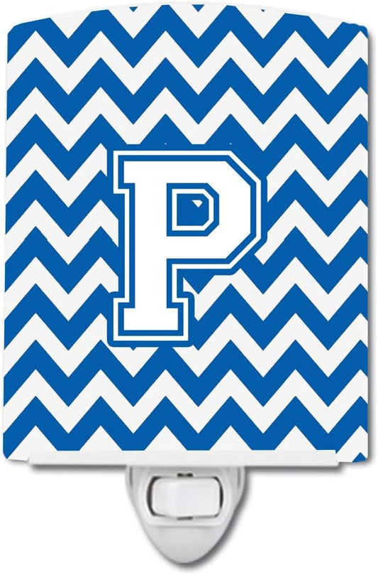 Caroline's Treasures CJ1045-PCNL Letter P Chevron Blue and White Ceramic Night Light Compact, UL-Certified, Ideal for Bedroom, Bathroom, Nursery, Hallway, Kitchen, 6x4x3, Multicolor