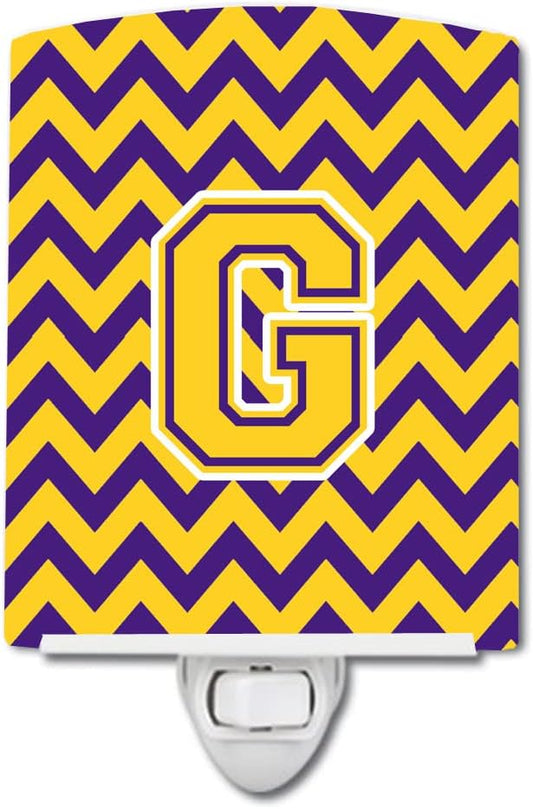 Caroline's Treasures CJ1041-GCNL Letter G Chevron Purple and Gold Ceramic Night Light Compact, UL-Certified, Ideal for Bedroom, Bathroom, Nursery, Hallway, Kitchen, 6x4x3, Multicolor
