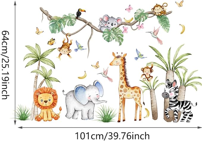 Jungle Animals Wall Decals Elephant Lion Monkey, Removable Kids Toddler Safari Wall Stickers Peel and Stick Wall Art Decor Wallpaper for Classroom Bedroom Nursery Playroom