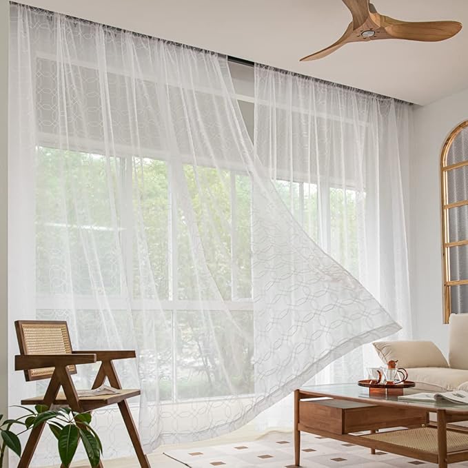 Windows Embroider-Heptagon Sheer White Curtains 84 Inches Length 2 Panels Voile Light Filtering Sheer Curtains Panel Basic Rod Pocket Sheer for Bedroom Living Room Children Room