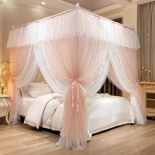 Mengersi Canopy Bed Curtains with Lights,4 Corner Bed Canopy Royal Luxurious Bed Drapes Netting,Princess Bed Curtains for Girls Adults Bedroom Decoration (Peach, California King)