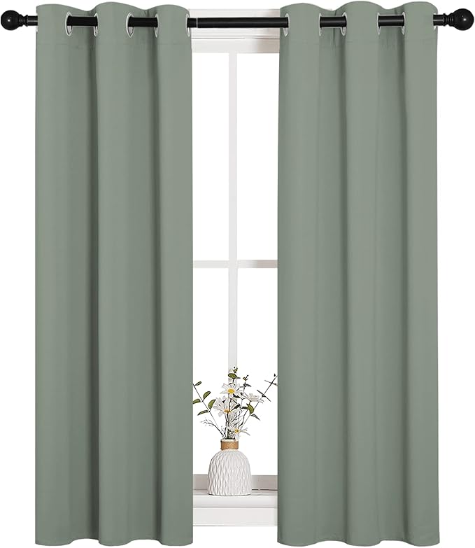 NICETOWN Bedroom Curtain Panels Blackout Draperies, 1 Pair, 29 by 40 inches, Greyish Green, Thermal Insulated Solid Grommet Blackout Curtains/Drapes for Small Window