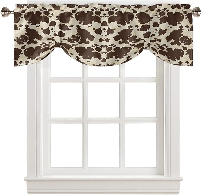 Brown Cowhide Cow Print Blackout Tie Up Valance Curtains for Kitchen Windows Graffie Window Toppers Balloon Shades for Living Room/Bathroom/Bedroom,1 Panel,54" X 18"