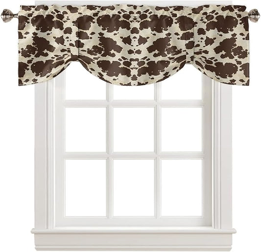 Brown Cowhide Cow Print Blackout Tie Up Valance Curtains for Kitchen Windows Graffie Window Toppers Balloon Shades for Living Room/Bathroom/Bedroom,1 Panel,54" X 18"