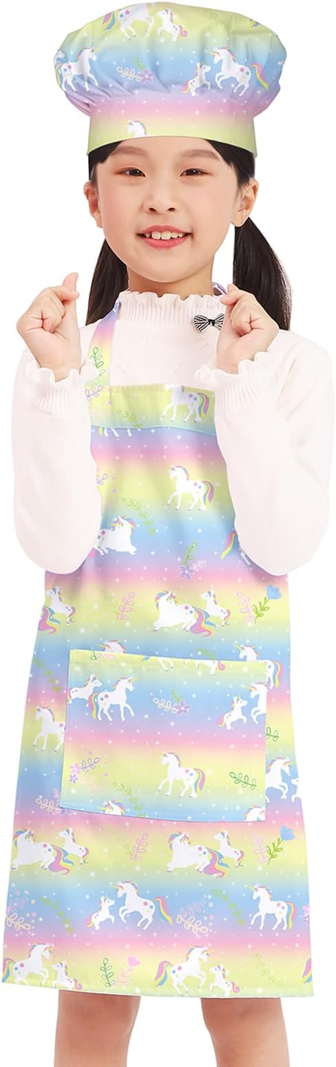 Kids Apron Chef Hat Set for Boys and Girls Adjustable Neck Strap Hook and Loop Fastener Design Waistband for Baking