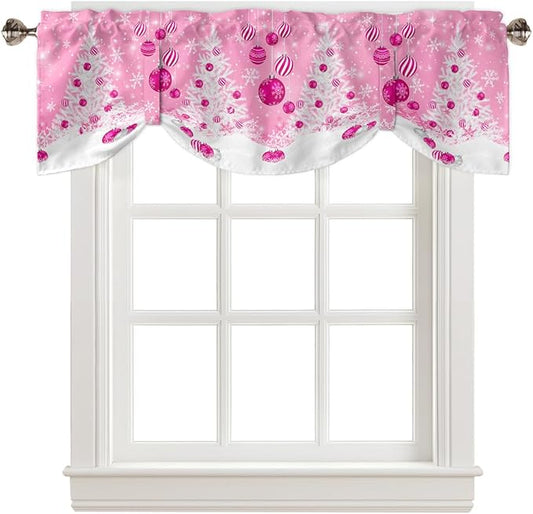 Pink Christmas Blackout Tie Up Valance Curtains for Kitchen Windows White Xmas Tree Snowflakes Pink Balls Window Toppers Balloon Shades for Living Room/Bathroom/Bedroom,1 Panel, 54" X 18", Winter