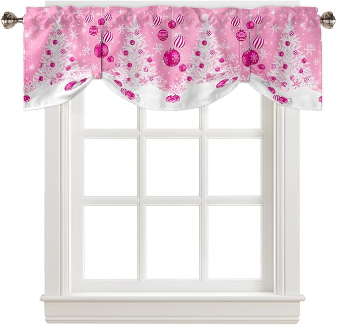 Pink Christmas Blackout Tie Up Valance Curtains for Kitchen Windows White Xmas Tree Snowflakes Pink Balls Window Toppers Balloon Shades for Living Room/Bathroom/Bedroom,1 Panel, 42" X 18", Winter