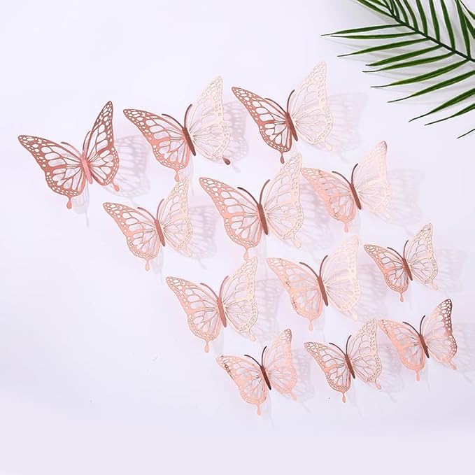 3D Butterfly Wall Decor 48 Pcs 4 Colors 3 Sizes,Gold Silver Laser Rose Butterfly Decorations for Butterfly Birthday Decorations Butterfly Party Decorations Cake Decorations,Removable Sticker