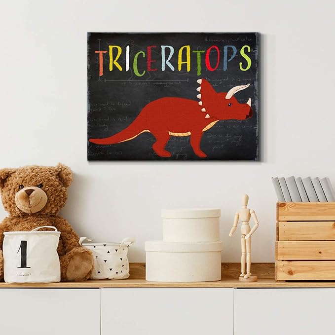 Renditions Gallery Canvas Animal Wall Art Modern Decorations Paintings Colorful Playful Triceratops Vibrant Dinosaur Canvas Wall Hanging Artwork for Kids Bedroom Nursery - 8"x12" LT33