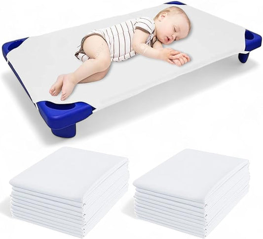 Pack of 12 Cot Sheet for Daycare Preschool Cot Bed -Polyblend Fabric with Corner Elastic Cots Sheets Fits On 22" X 52" Inches Size Toddler and Preschool Daycare Cot White 22 X 52 Size