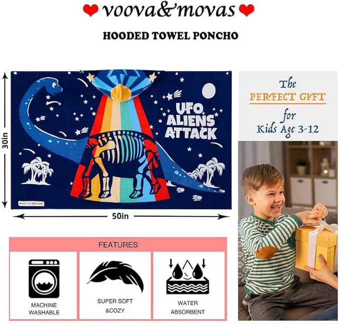 VOOVA & MOVAS Toddler Bath Towel with Hood for Kids Age 3-10, Soft | Thick | Absorbent Cotton Wrap Blanket, Beach, Pool, Swim | Bath Use, Dinosaur Under The UFO