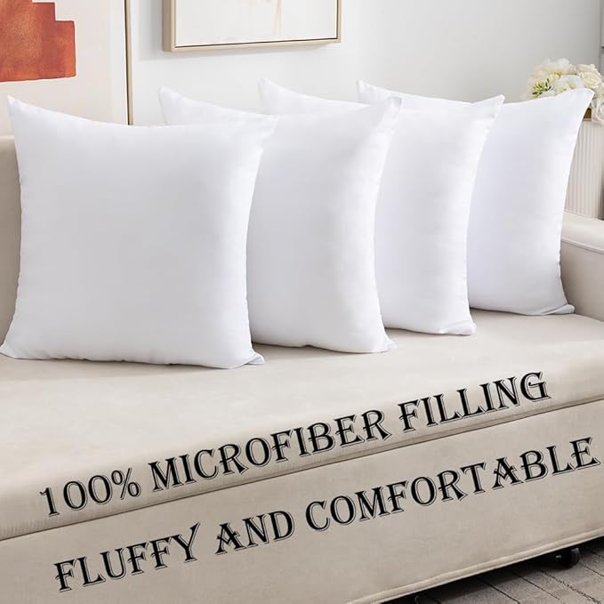 Pack of 4 Throw Pillow Inserts, 18 x 18 Square Cushion Inner Soft Fluffy Plump Stuffer Cushion Pads White Decorative Pillow Inserts (18x18 Inch (Pack of 4))