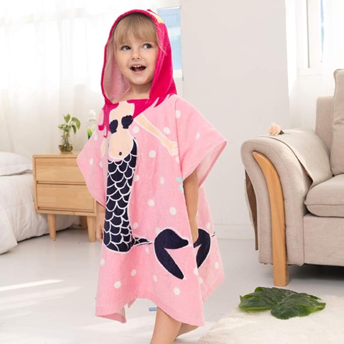 TONWHAR Kids Bath/Pool/Beach Hooded Poncho Towel-Cartoon Animal Pattern Cotton Beach Towel for Baby and Kids (Mermaid, 1-4 Years/Height:33.4"-43.3")