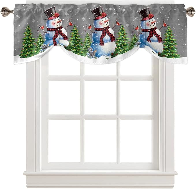 Christmas Snowman Blackout Tie Up Valance Curtains for Kitchen Windows Winter Holidays Cardinal White Snowflake Window Toppers Balloon Shades for Living Room/Bathroom/Bedroom,1 Panel,42" X 12" Gray