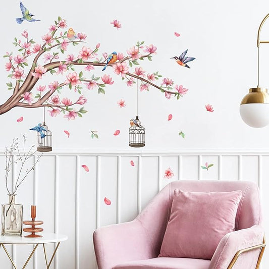 Pink Flowers Wall Stickers Cherry Blossom Tree Branch Wall Decals Colorful Flying Birds Birdcage Wall Sticker for Girls Room Bedroom Living Room TV Background Nursery Decor