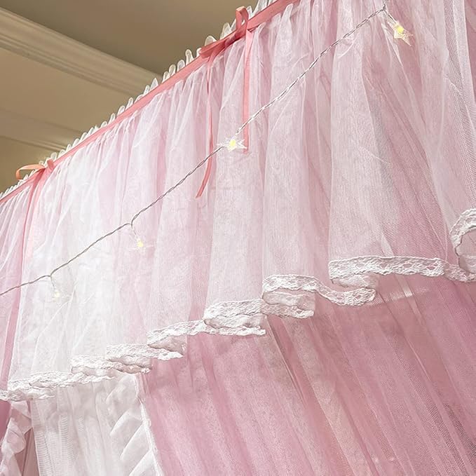 Mengersi Canopy Bed Curtains with Lights,4 Corner Bed Canopy Royal Luxurious Bed Drapes Netting,Princess Bed Curtains for Girls Adults Bedroom Decoration (Pink, California King)