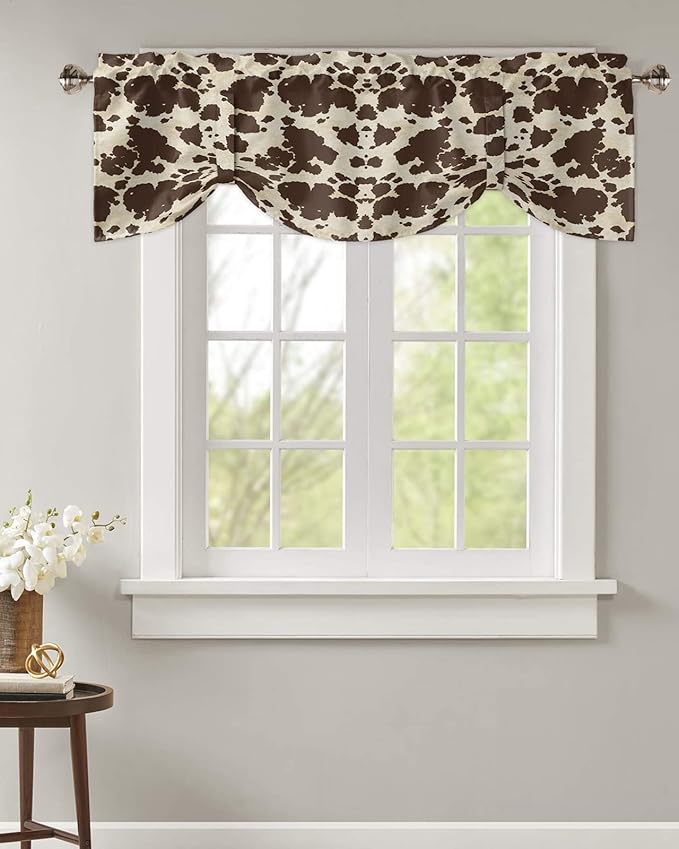Brown Cowhide Cow Print Blackout Tie Up Valance Curtains for Kitchen Windows Graffie Window Toppers Balloon Shades for Living Room/Bathroom/Bedroom,1 Panel,60" X 18"