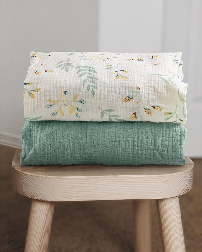 Blissful Diary Muslin Mini Crib Sheets, Pack and Play Mattress Sheets Fitted for Pack N Play, Soft Cotton for Boys Girls, 2 Pack(Roman Green&Leaf)