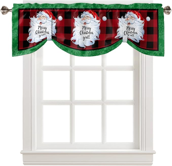 Merry Christmas Y'all Blackout Tie Up Valance Curtains for Kitchen Windows XMAS Santa Claus Window Toppers Balloon Shades for Living Room/Bathroom/Bedroom,1 Panel,54" X 18" Red Buffalo Plaid