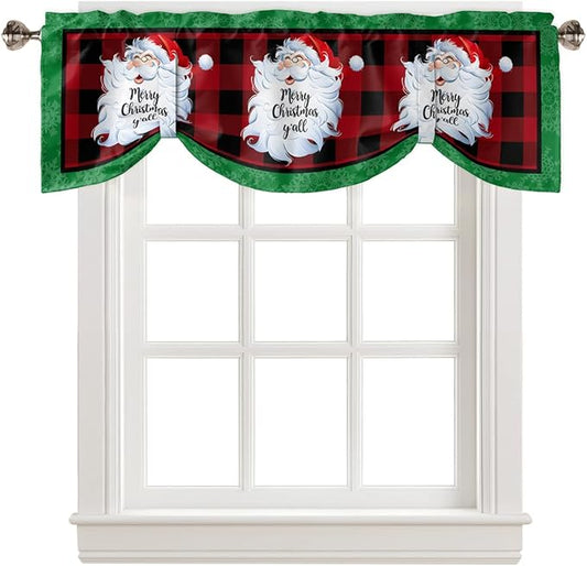 Merry Christmas Y'all Blackout Tie Up Valance Curtains for Kitchen Windows XMAS Santa Claus Window Toppers Balloon Shades for Living Room/Bathroom/Bedroom,1 Panel,54" X 18" Red Buffalo Plaid
