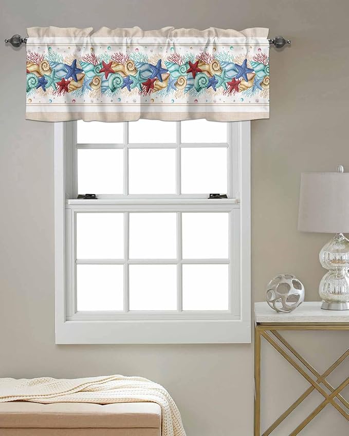 Coastal Beach Kitchen Curtains Valances for Windows Nautical Ocean Seashell Coral Starfish Rod Pocket Window Treatment for Kitchen /Living Room/Bedroom/ Bathroom, 42" X 18", Brown Aqua Summer