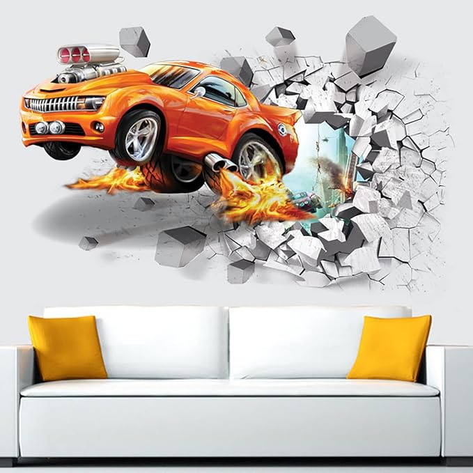 3D Fire Car Wall Sticker Decal Crack Hole fire Car Wall Art Decal Removable Broken Smashed Car Decoration Mural for Boys Bedroom Baby Kids Nursery Room (3D Fire Car)