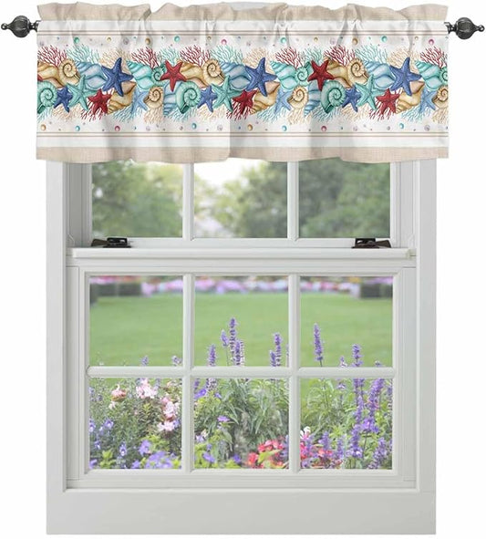Coastal Beach Kitchen Curtains Valances for Windows Nautical Ocean Seashell Coral Starfish Rod Pocket Window Treatment for Kitchen /Living Room/Bedroom/ Bathroom, 42" X 12", Brown Aqua Summer